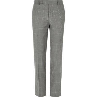 Grey checked slim suit trousers